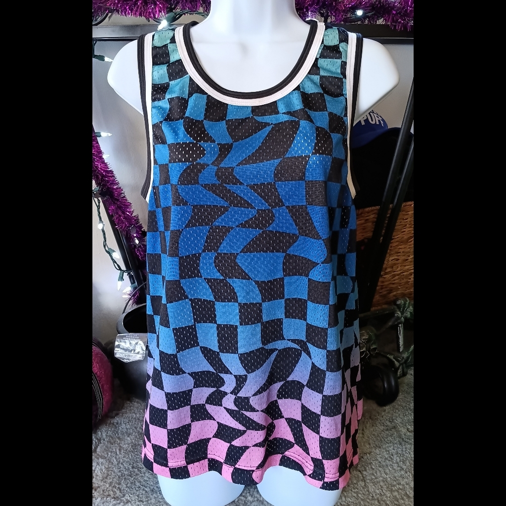 🖤 No Boundaries Mens Mesh Tank Top Muscle Checkered Gradient Small Blue Pink